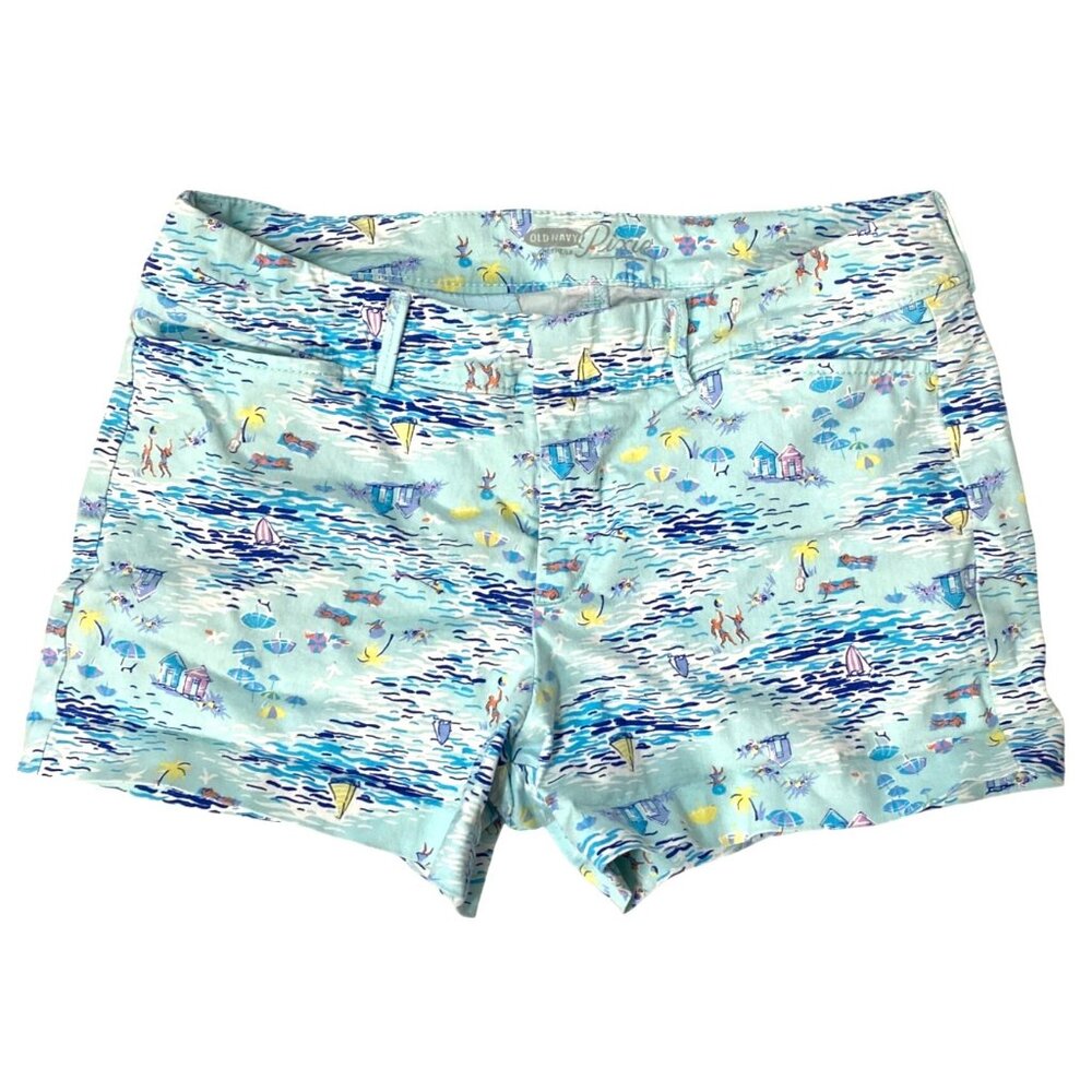 Old Navy Pixie Blue Coastal Beach Landscape Print Mid Rise Chino Shorts Size 8R